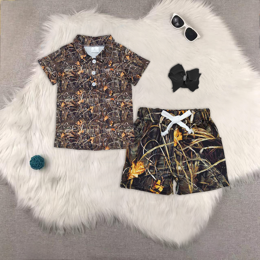 Baby Boys Short Sleeves Western Leaves Camo Button Pullover Top Pockets Shorts Sets
