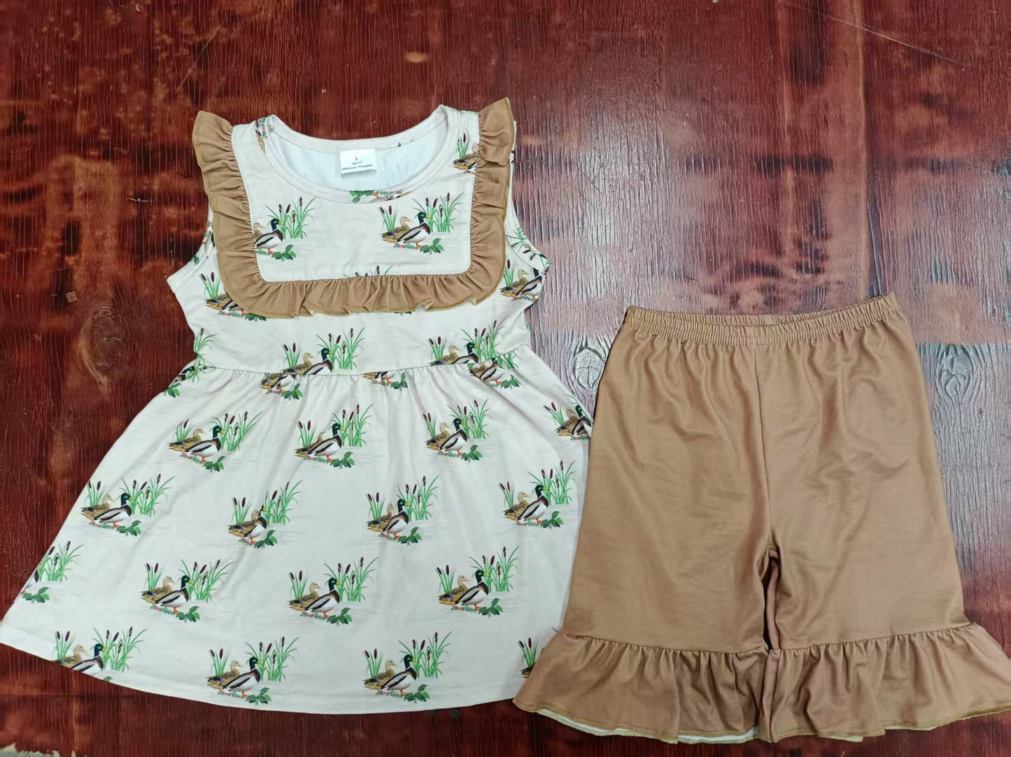 Preorder moq 5 Baby Girls Sleeveless Khaki Ducks Tunic Ruffle Shorts Set