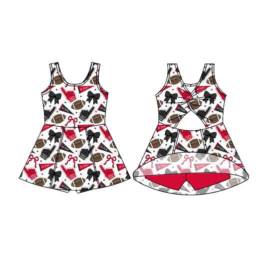Preorder (moq 5)Baby Girls Sleeveless Red Navy Bows Footballs Shorts Team Knee Length Dress
