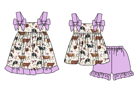 Preorder moq 5 Custom Baby Girls Lavender Strap Cows Tunic Ruffle Short Set Knee Length Dresses