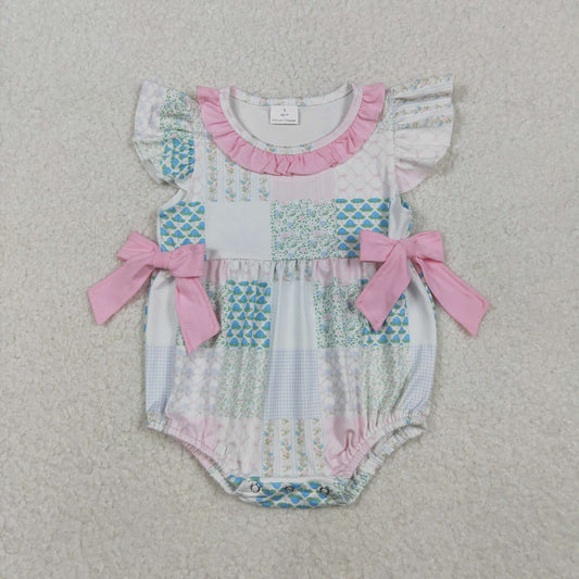 Baby Girls Bows Flowers Checked Bows Flutter Sleeve Ruffle Rompers