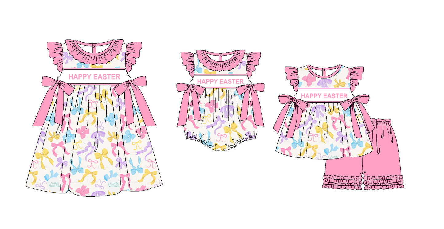 Preorder(moq 5 each)Sibling Baby Girls Happy Easter Colorful Bows Romper Dress Shorts Sets