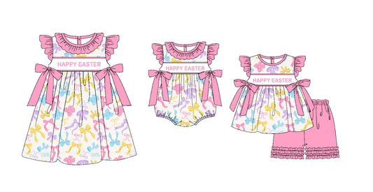 Preorder(moq 5 each)Sibling Baby Girls Happy Easter Colorful Bows Romper Dress Shorts Sets