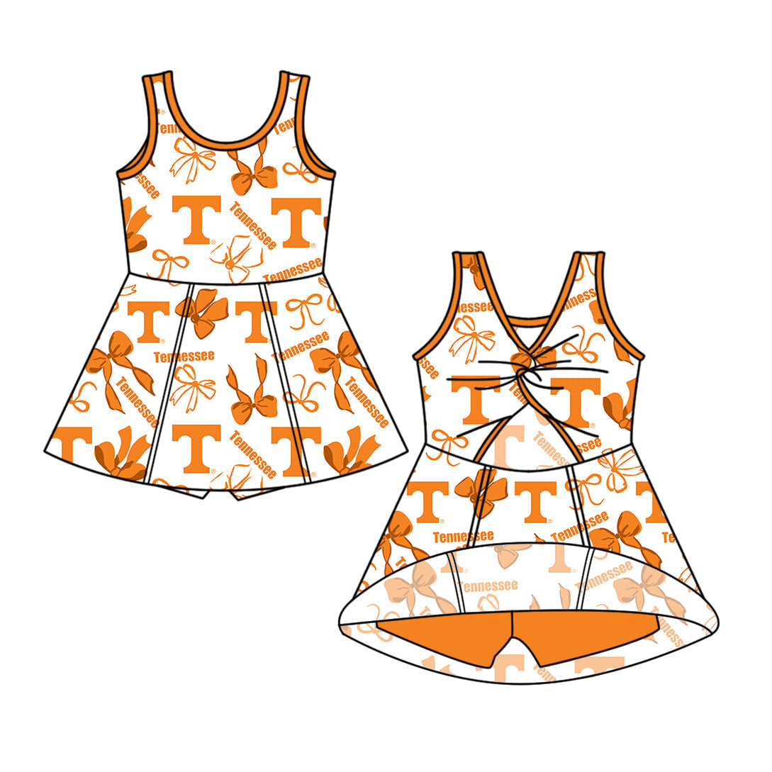 Preorder (moq 5)Baby Girls Sleeveless Orange T Bows Team Shorts Knee Length Dresses