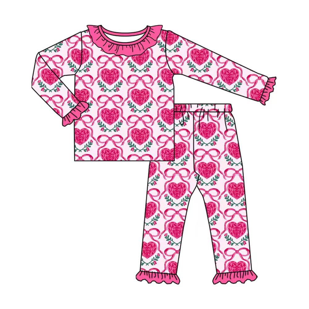 Preorder (moq 20)Baby Girls Bamboo Pink Hearts Bows Valentine Ruffle Pajamas Sets