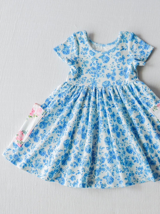 Baby Girls Short Sleeve Blue Floral Pockets Knee Length Dresses preorder (moq 5)