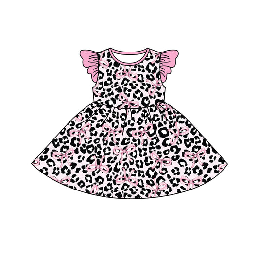 Baby Girls Pink Leopard Bows Flutter Sleeve Twirl Knee Length Dresses preorder(MOQ 5)