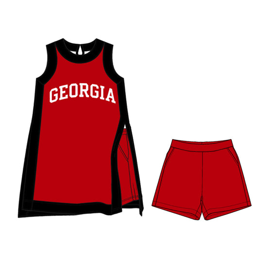 Preorder moq 5 Baby Girls Black Red Georgia Split Tunic Pockets Short Team Clothes Sets