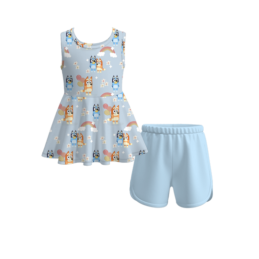 Baby Girls Dogs Flowers Rainbow Sleeveless Tunic Top Shorts Clothes Sets preorder (moq 5)