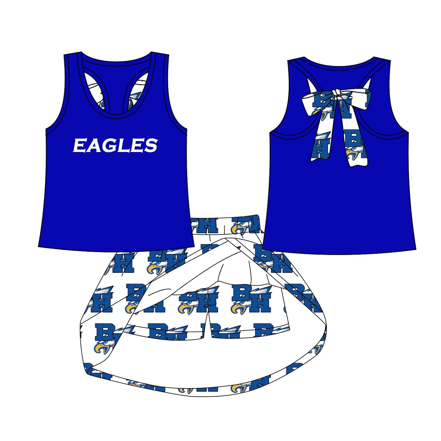 Preorder (moq 5)Baby Girls Blue Eagles bow vest team Top Skirt Skort Sets