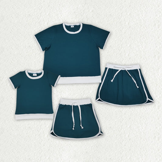 Mama and Me Girls Dark Green Short Sleeve Shirt Top Skirt Short Cotton Clothes Sets