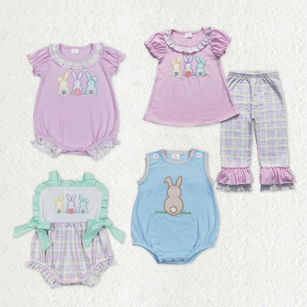 Sibling Baby Kids Embroidery Rabbits Ruffle Pants Easter Clothes Set Rompers