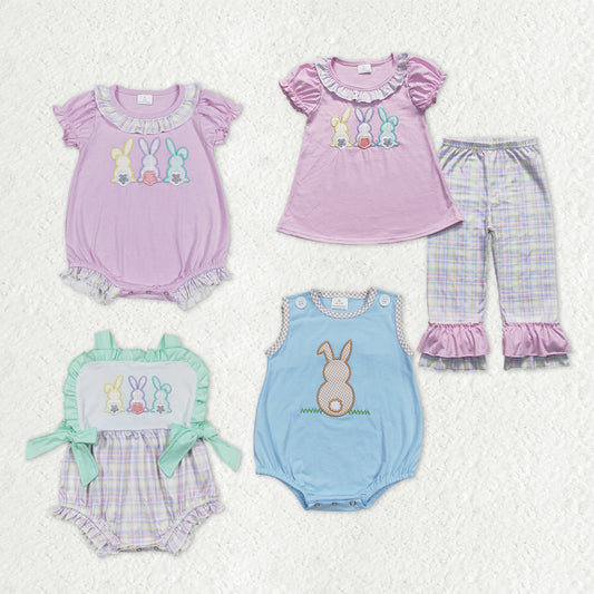 Sibling Baby Kids Embroidery Rabbits Ruffle Pants Easter Clothes Set Rompers
