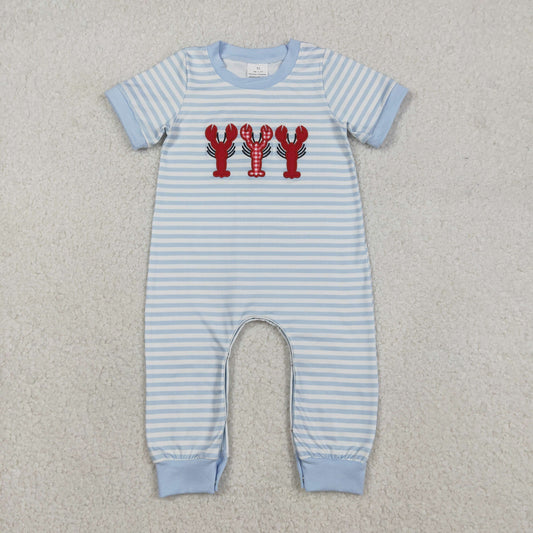 Embroidery Crayfishes Baby Boys Grey Stripe Footie Rompers