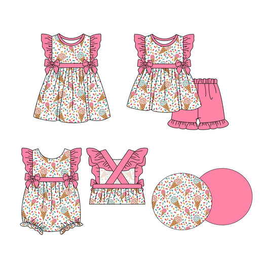 Preorder moq 5 Custom Baby Girls Polka Dots Ice Cream Bows Tunic Pink Ruffle Short Sets Knee Length Dress Rompers