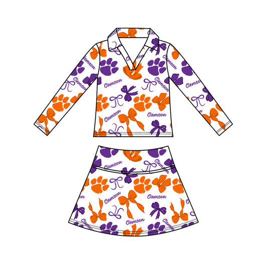 Preorder (moq 5)Baby Girls Bows Clemson Top Skirt Short Team Clothes Set