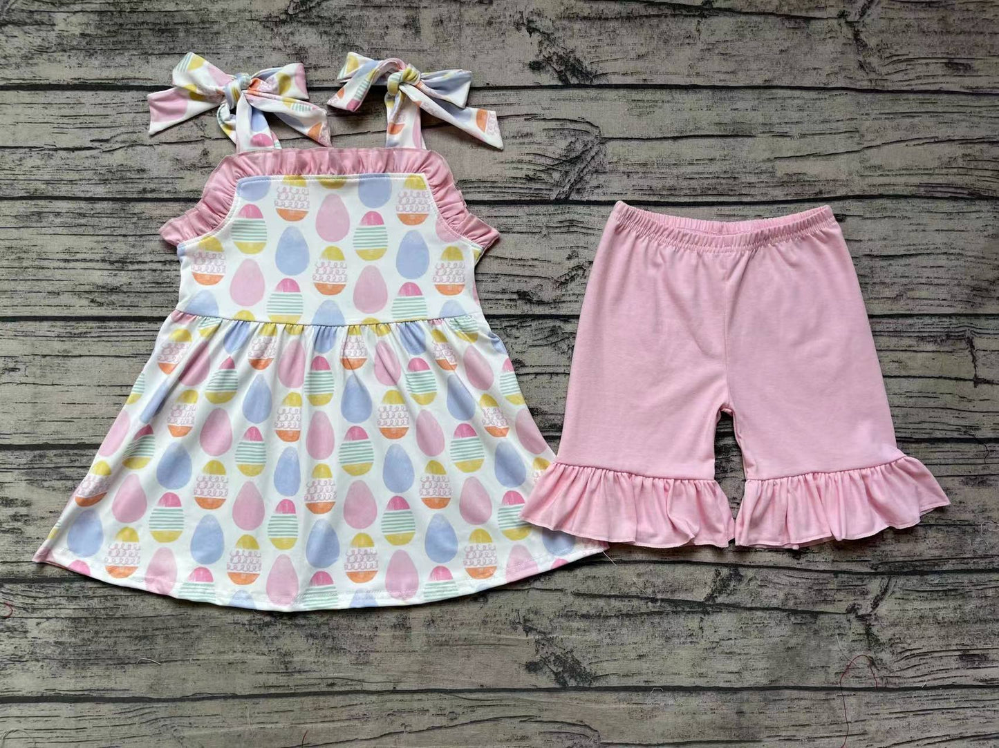 Baby Girls Pink Ruffle Easter Eggs Straps Tunic Top Ruffle Shorts Clothes Sets