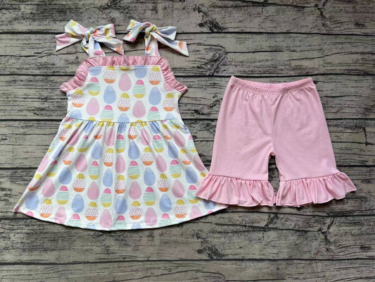 Baby Girls Pink Ruffle Easter Eggs Straps Tunic Top Ruffle Shorts Clothes Sets