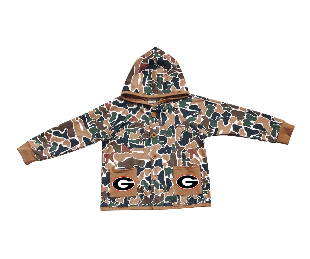 Preorder (moq 5)Baby Boys Dark Brown Camo G Pockets Team Button Hoodie Jackets Top