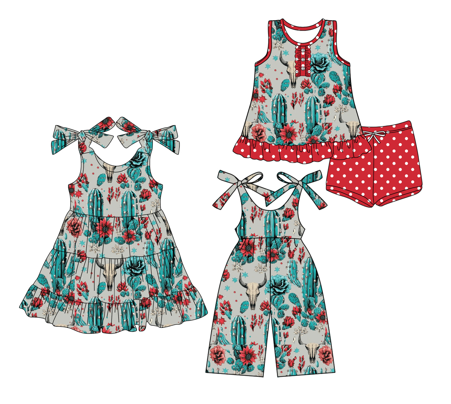 Preorder moq 5 Custom Baby Girls Bull Skull Cactus Button Tunic Red Polka Dots Short Set Knee Length Dress Jumpsuits