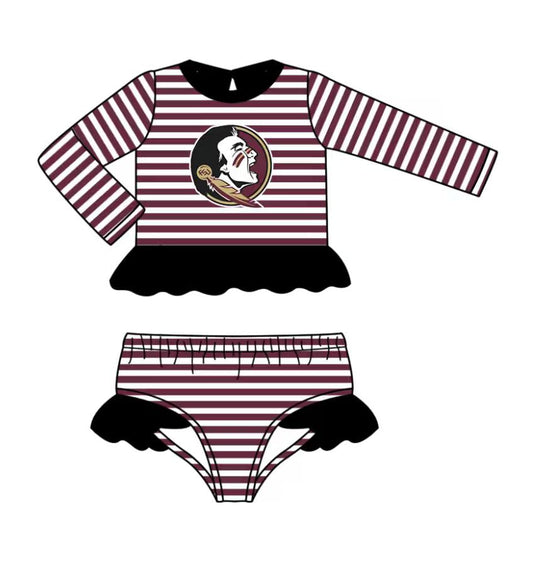 Preorder (moq 5)Baby Girls Black Stripe Ruffle Top Bummies Team 2 Piece Swimsuits