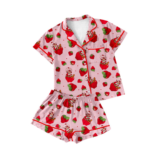 Baby Girls Red Strawberry Buttons Top Shorts Pajamas Clothes Sets preorder(MOQ 5)