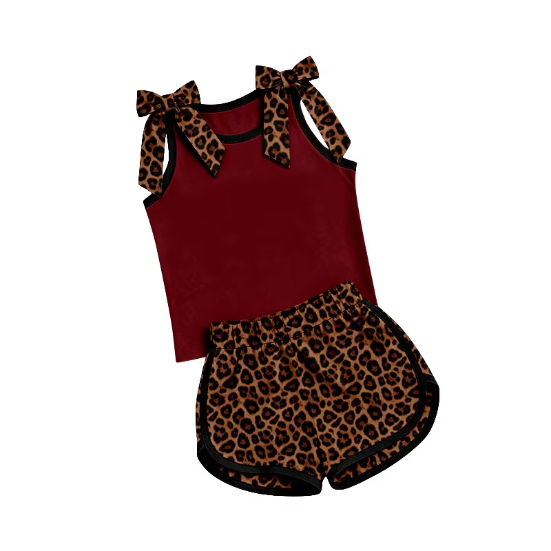 Preorder (moq 5)Baby Girls Wine Bows Shirts Leopard Shorts Clothes Sets