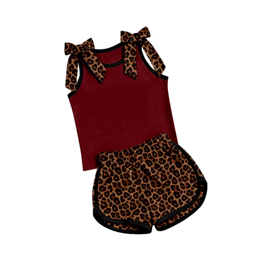 Preorder (moq 5)Baby Girls Wine Bows Shirts Leopard Shorts Clothes Sets