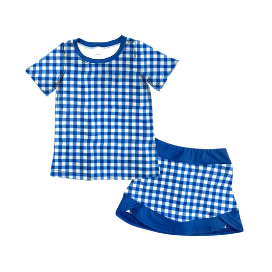 Preorder (moq 5)Baby Girls Blue Checked Short Sleeve Top Skirt Short Clothes Sets