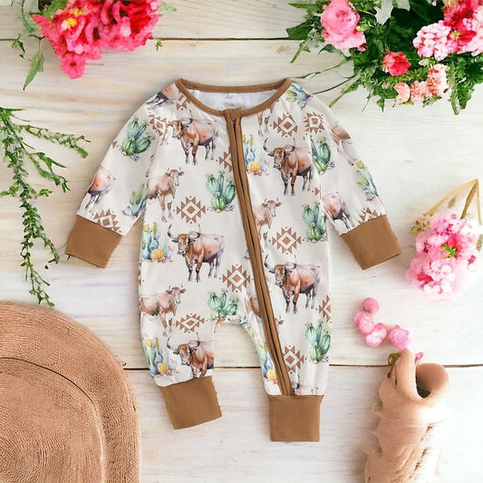 Baby Infant Boys Western Cow Cactus Zip Rompers preorder(moq 5)