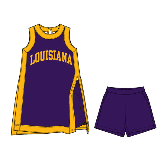 Preorder moq 5 Baby Girls Yellow Purple Louisiana Split Tunic Pockets Short Team Clothes Sets
