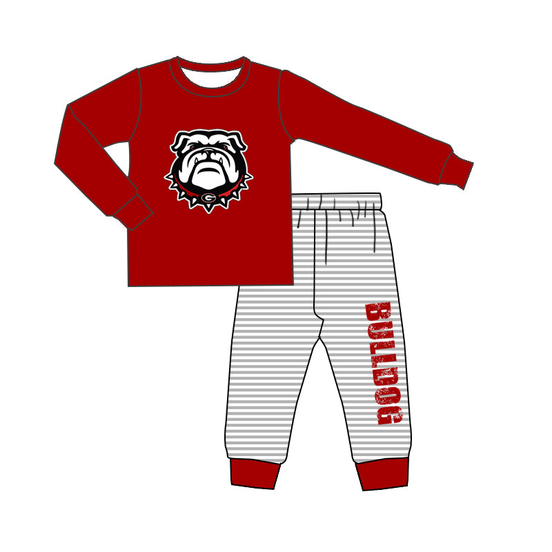 Baby Boys Bull dog Team Red Long Sleeve Shirt Grey Stripes Pants Clothing Sets Preorder(moq 5)