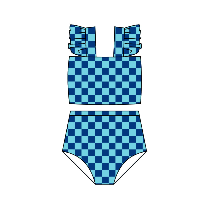 Baby Girls Blue Checkered Straps Top Bummie Swimsuits Clothes Sets Preorder(moq 5)