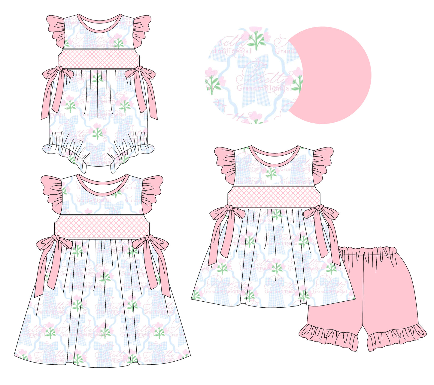 Preorder moq 5 Custom Baby Girls Pink Floral Plaid Bows Tunic Ruffle Short Set Knee Length Dress And Rompers