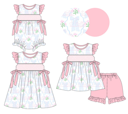 Preorder moq 5 Custom Baby Girls Pink Floral Plaid Bows Tunic Ruffle Short Set Knee Length Dress And Rompers