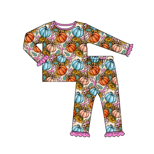 Baby Girls Pumpkins Leopard Shirt Pants Pajamas Clothes Sets Preorder(moq 5)