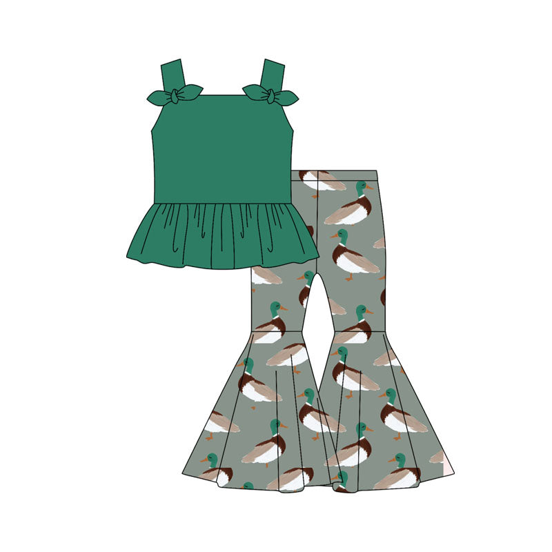 Preorder moq 5 Baby Girls Dark Green Strap Bows Tunic Ducks Bell Bottom Pants Set