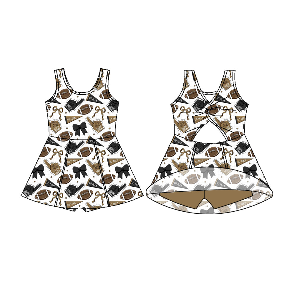 Preorder (moq 5)Baby Girls Sleeveless Olive Bows Footballs Shorts Team Knee Length Dresses