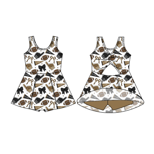 Preorder (moq 5)Baby Girls Sleeveless Olive Bows Footballs Shorts Team Knee Length Dresses