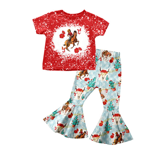 Baby Girls Flowers Rodeo Cowgirls Tee Top Bell Pants Clothes Sets preorder(moq 5)