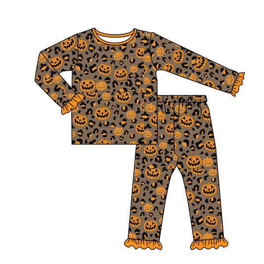 Baby Girls Pumpkin Leopard Tee Top Pants Pajamas Outfits Preorder(moq 5)