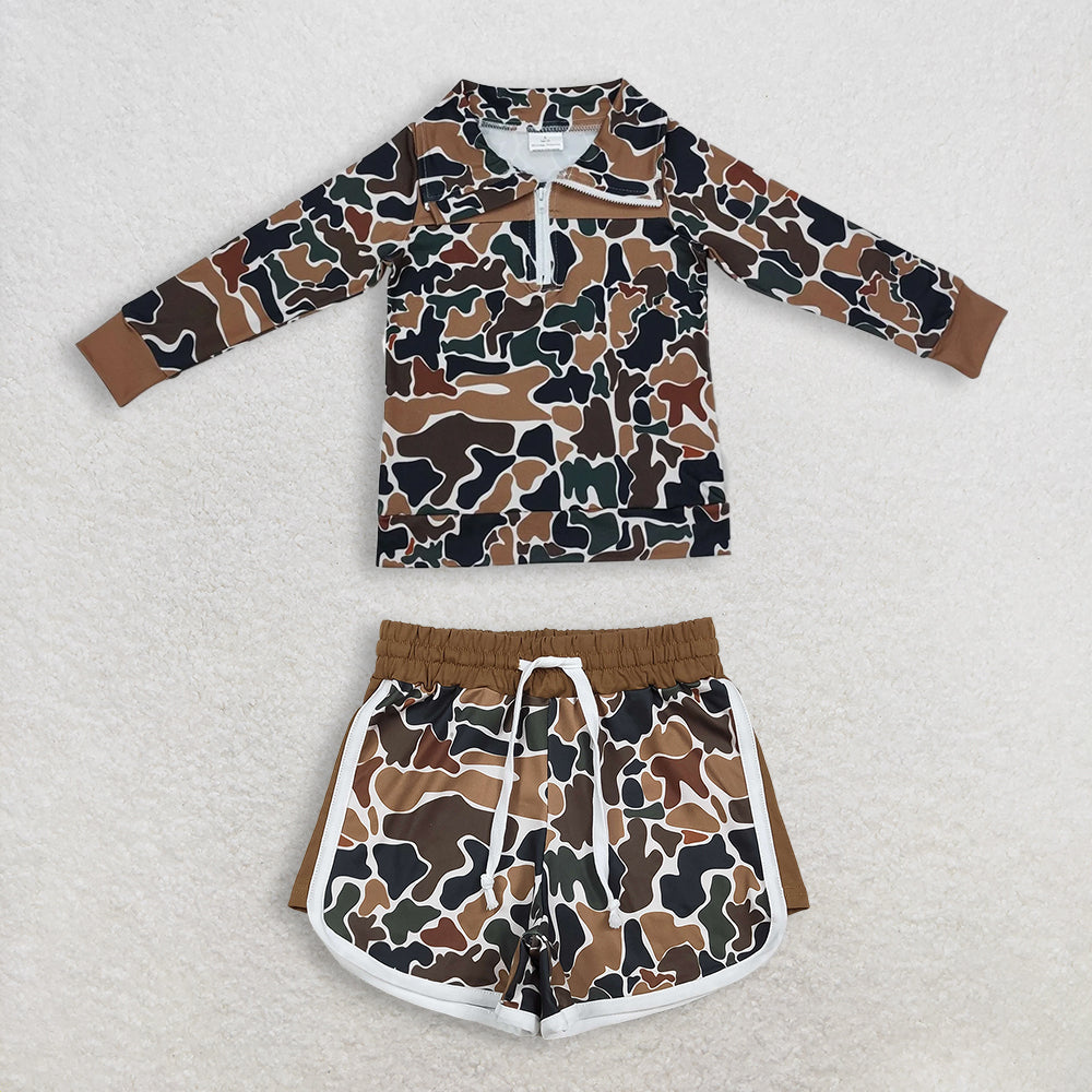 Baby Boys Girls Southern Dark Brown Camo Zip Pullover Shorts Clothes Sets