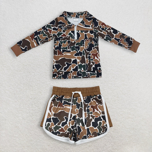 Baby Boys Girls Southern Dark Brown Camo Zip Pullover Shorts Clothes Sets