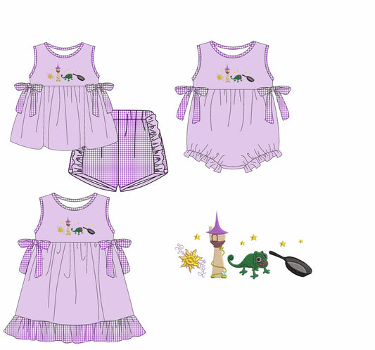 Preorder moq 5 Custom Baby Girls Purple Sleeveless Frogs Stars Tunic Plaid Ruffle Short Set Knee Length Dress Rompers