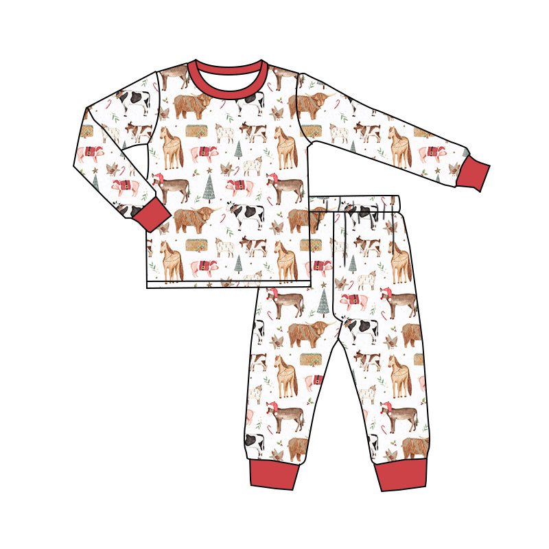 Baby Boys Christmas Farm Horse Tee Pants Pajamas Clothes Sets Preorder(moq 5)