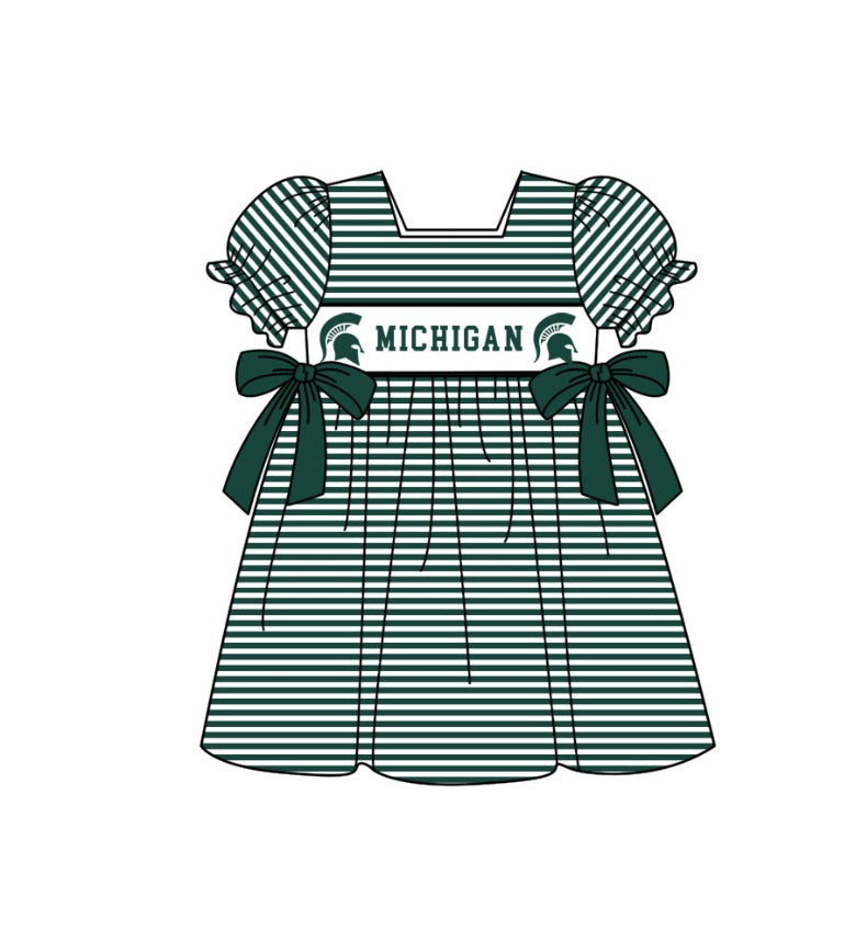 Preorder (moq 5)Baby Girls Short Ruffle Sleeve Green Stripe Michigan Team Knee Length Dress