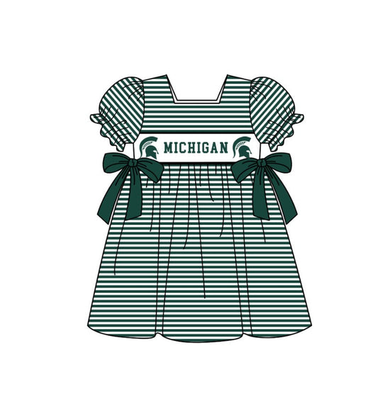 Preorder (moq 5)Baby Girls Short Ruffle Sleeve Green Stripe Michigan Team Knee Length Dress