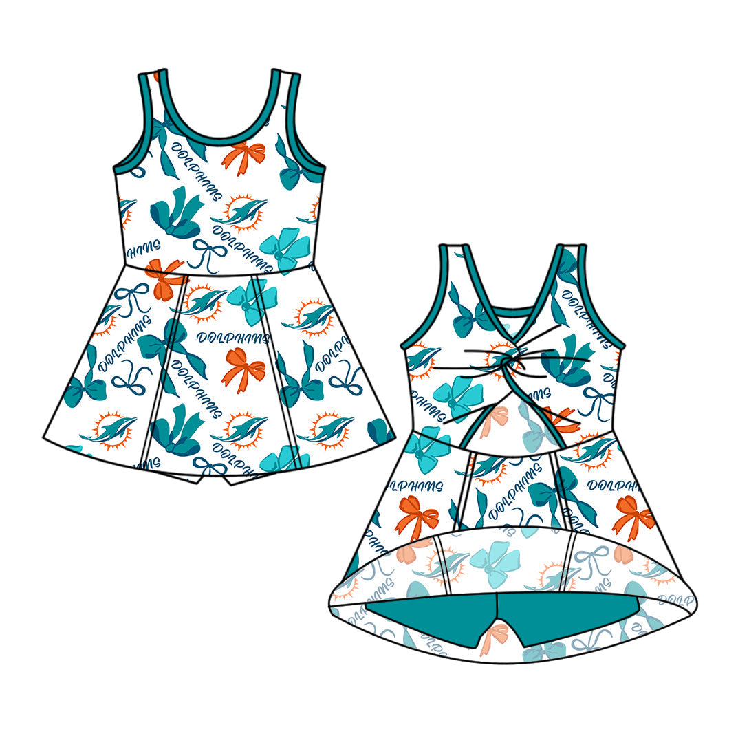 Preorder (moq 5)Baby Girls Sleeveless Bows Miami Dolphins Team Short Knee Length Dress