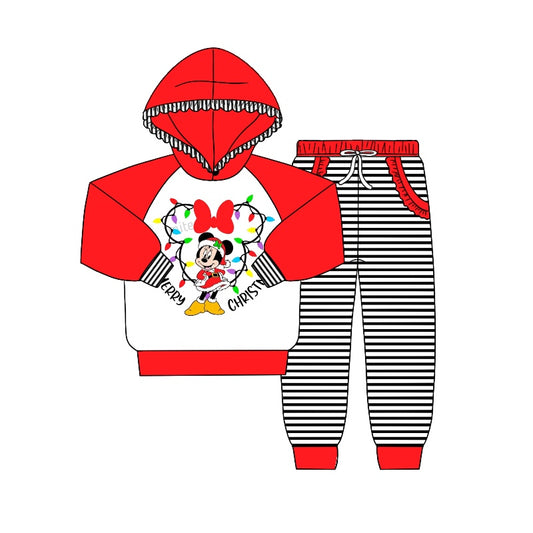 Baby Girls Christmas Lights Cartoon Hooded Top Stripes Pants Clothes Sets Preorder(moq 5)