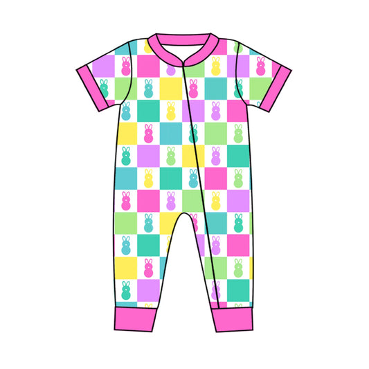 Baby Infant Girls Easter Checkered Rabbits Zip Rompers preorder(moq 5)